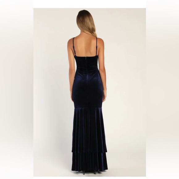 Lulus Alluring Muse Navy Blue Velvet Tiered Trumpet Maxi Dress - Picture 3 of 10